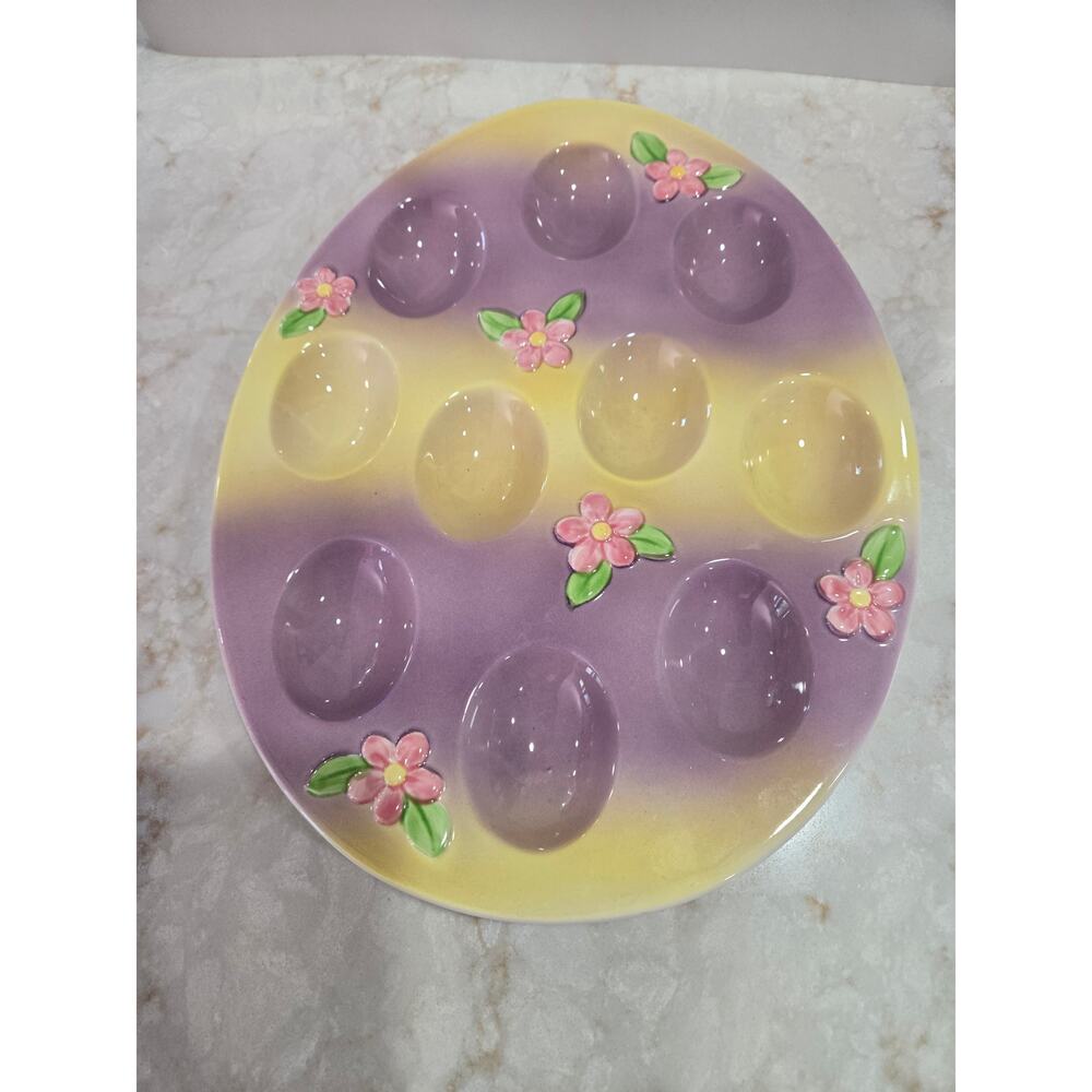 Vintage Enesco Devil Egg Dish Platter Easter Yellow Purple Holds 10 Ceramic